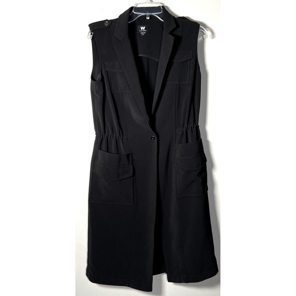 W‎ by Worth Long Vest Blazer Womens Black Sleeveless Duster Jacket Minimal